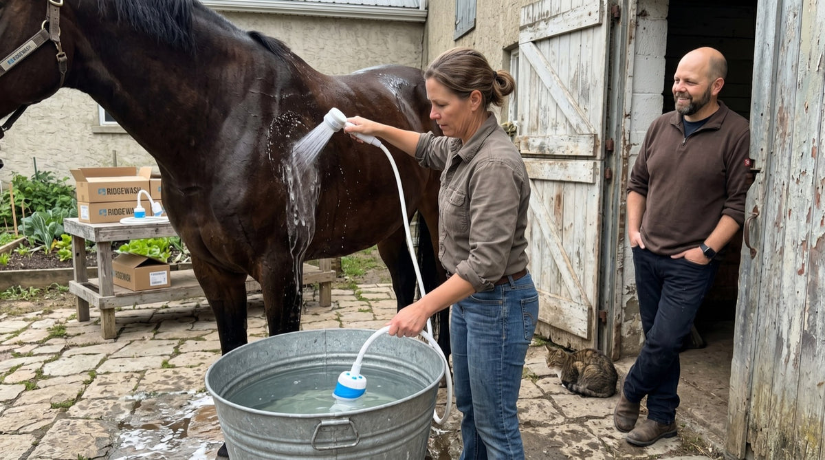 Rinsing a horse with RidgeWash at a farmhouse